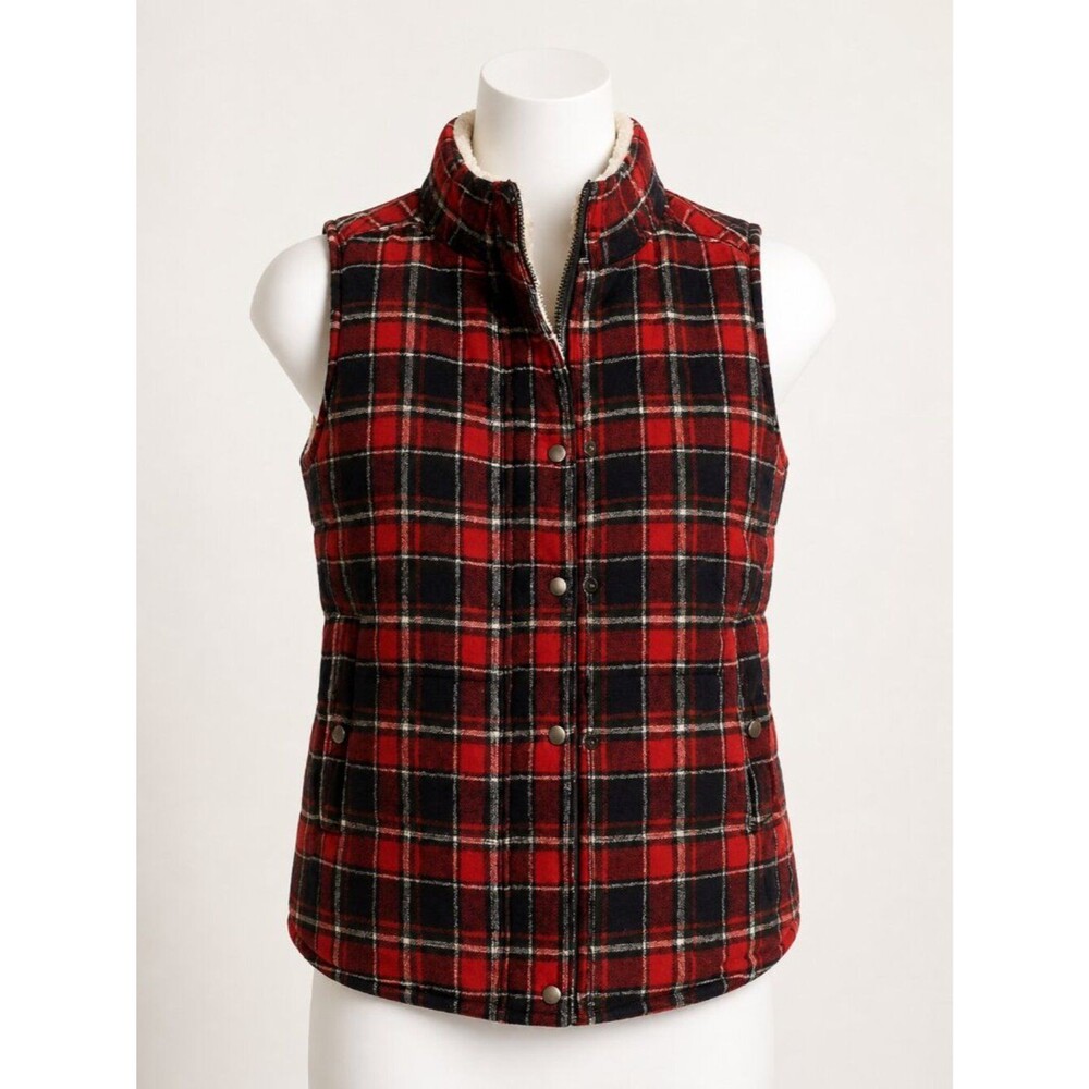 Skies Are Blue Plaid Fleece-Lined Puffer Vest Red Navy – Size Small – EUC